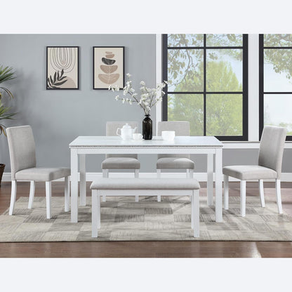 6 Piece Solid Wood Dining Set, Farmhouse Kitchen Table Set with 4 Upholstered Chairs & Bench for Kitchen, Dining Room, White