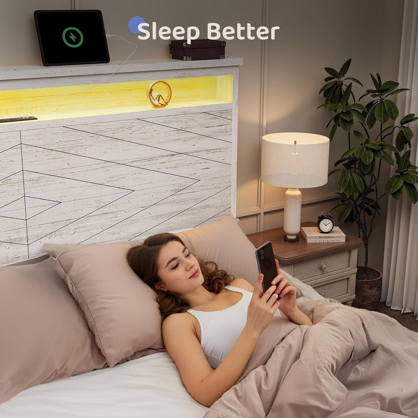 Queen Size Bed Frame with 2 Storage Drawers and Headboard Wooden Platform Bed Frame with LED Lights and Charging Station Easy Assembly/No Box Spring Needed/White