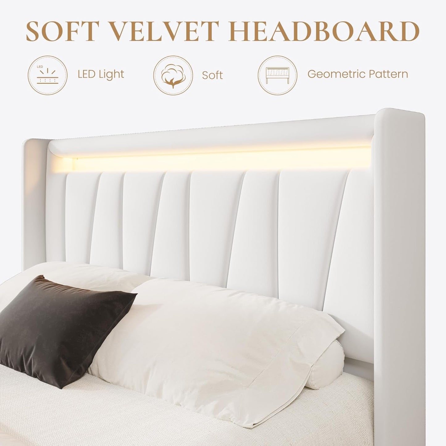 Full Size Bed Frame with Charging Station and LED Lights, Modern Velvet Platform Bed with Upholstered Geometric Wingback Headboard, No Box Spring Needed, Easy Assembly, White