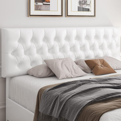 Modern Upholstered Bed Frame with 4 Drawers, Button Tufted Headboard Design, Solid Wooden Slat Support, Easy Assembly, Queen Size, White