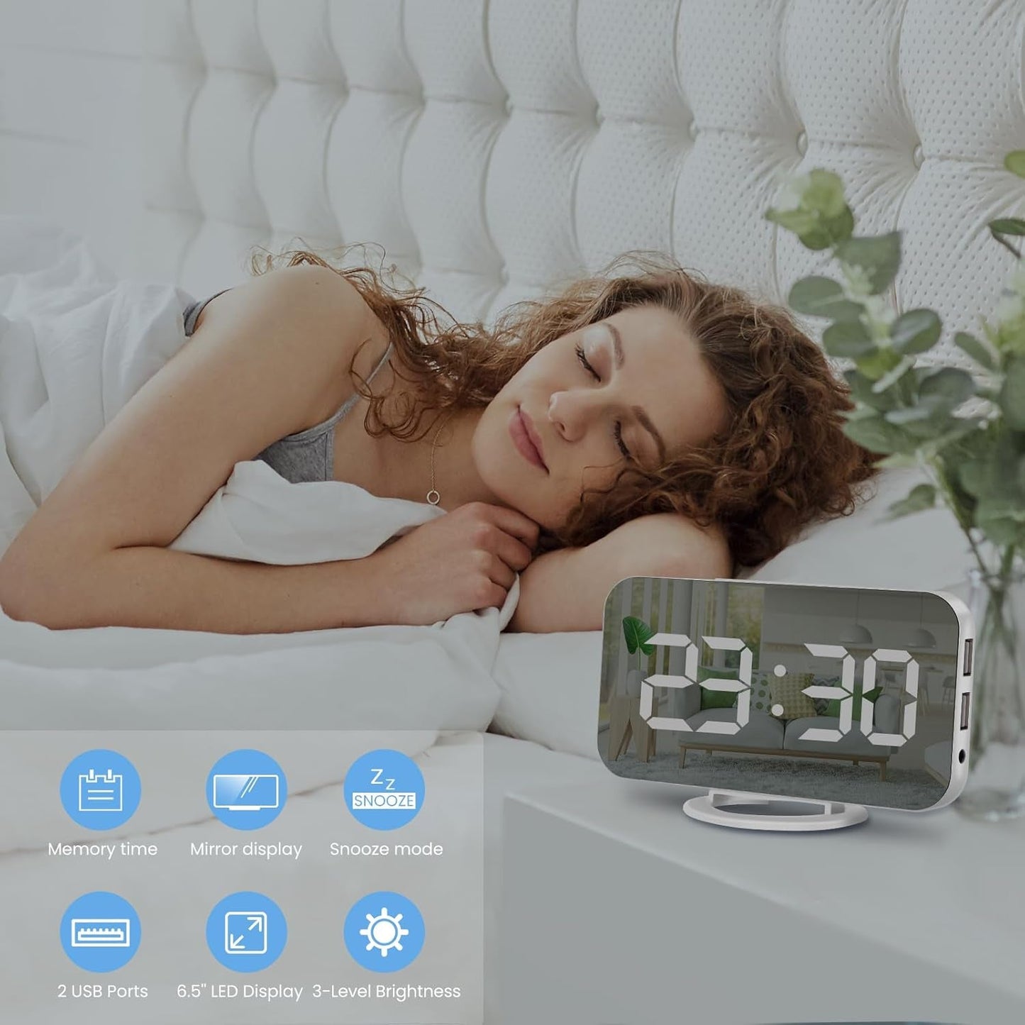 Home Decor - Digital Alarm Clock,Large Display LED and Mirror Desk Clock with Dual USB Charger Ports, 3 Levels Brightness,12/24H Alarm Clocks, Modern Electronic Clock for Bedroom Living Room Office - White