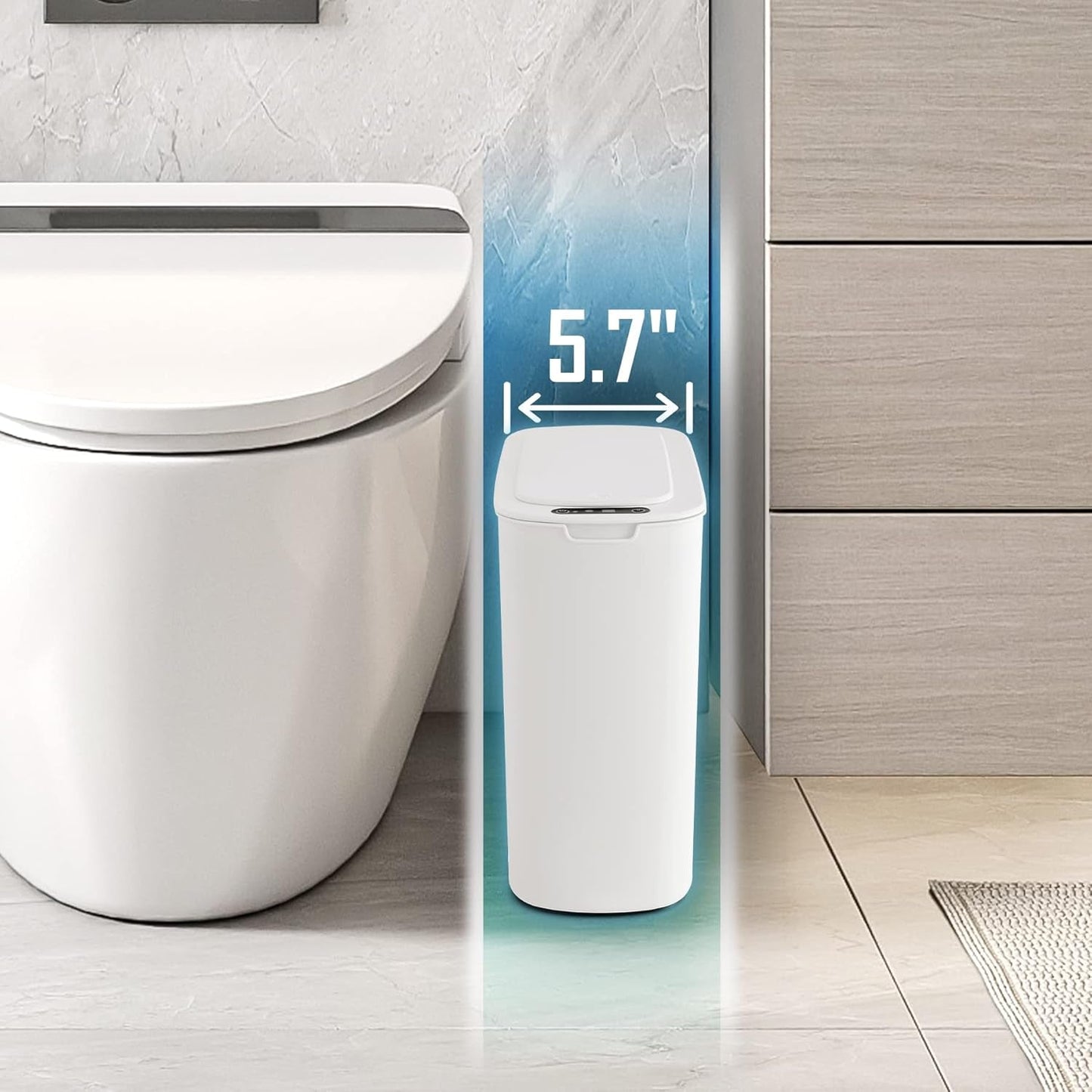 Automatic Motion Sensor Bathroom Trash Can with Lid, 2.6 Gallon Touchless Trash Bin, Smart Plastic Slim Garbage Can Small White Wastebasket for Toilet, Office, Rv, Bedroom, Living Room