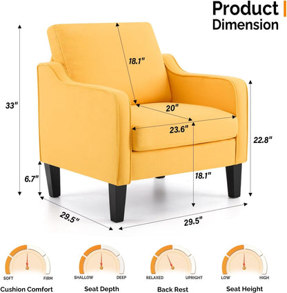 Accent Chairs Set of 2 Yellow Upholstered Linen Accent Chair for Living Room, Bedroom, Mid-Century Modern Arm Chair Comfy Reading Chair with Scooped Arms