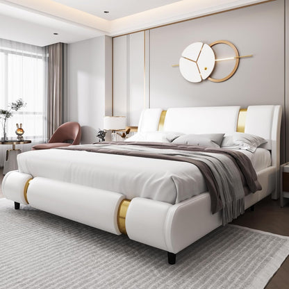 Modern Faux Leather Upholstered Platform Bed Frame with Golden Iron Metal Decor, Adjustable Curved Headboard, Wooden Slats Support, No Box Spring Needed, Queen Size, White