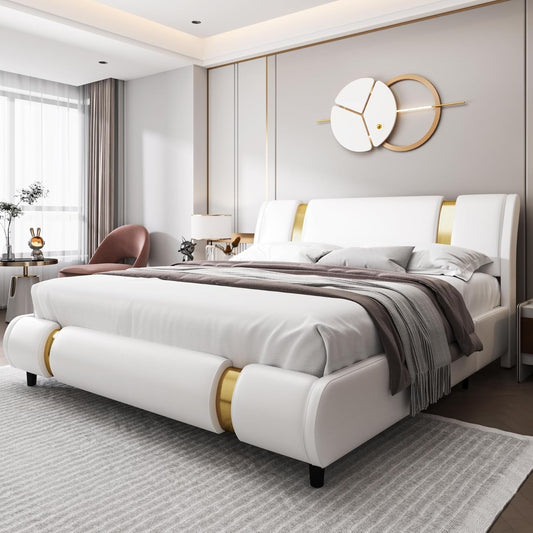 Modern Faux Leather Upholstered Platform Bed Frame with Golden Iron Metal Decor, Adjustable Curved Headboard, Wooden Slats Support, No Box Spring Needed, Queen Size, White