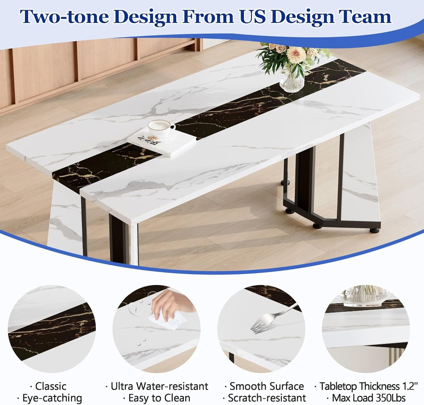 Dining Table Set for 6,White Marble 71'' Dining Room Table with Spacious Legroom and White Leather Dining Chairs,Easy Assembley,7 Pieces Kitchen Table and Chairs for Dining Room,Restaurant