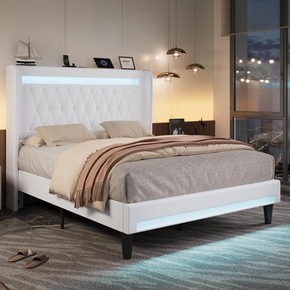 Upholstered Full Size Platform Bed Frame with LED Light and Charging Station, Button Tufted High Headboard, Wingback Design, Noise Free, Easy Assembly, No Box Spring Needed, White