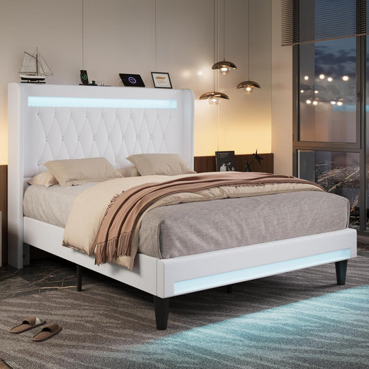 Upholstered Full Size Platform Bed Frame with LED Light and Charging Station, Button Tufted High Headboard, Wingback Design, Noise Free, Easy Assembly, No Box Spring Needed, White