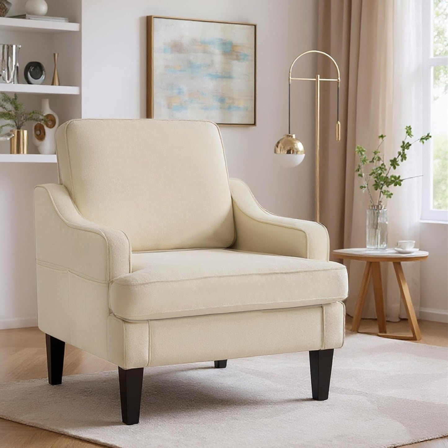Accent Chair for Living Room,Mid-Century Arm Chair Fabric Living Room Chairs,Upholstered Reading Chair for Bedroom,Single Sofa Chair with Wood Legs for Apartment (Beige)