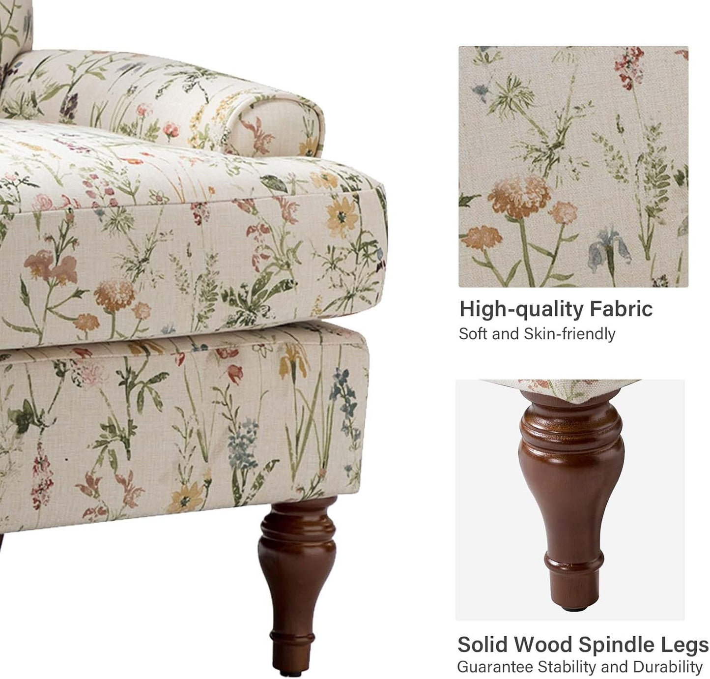 Accent Chair with Solid Legs & Removable Cushion, Floral Comfy Upholstered Armchair, Leisure Single Sofa Chair for Living Room/Bedroom, Spring