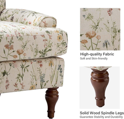 Accent Chair with Solid Legs & Removable Cushion, Floral Comfy Upholstered Armchair, Leisure Single Sofa Chair for Living Room/Bedroom, Spring