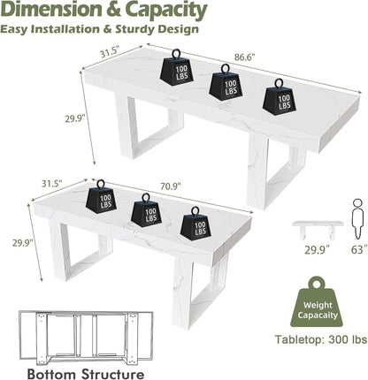 White Marble Extendable Dining Room Table for 8 10, 70.9" (86.6") X 31.5", Rectangle Dinner Table for 6-10, Modern Expandable Retractable Kitchen Table (White)