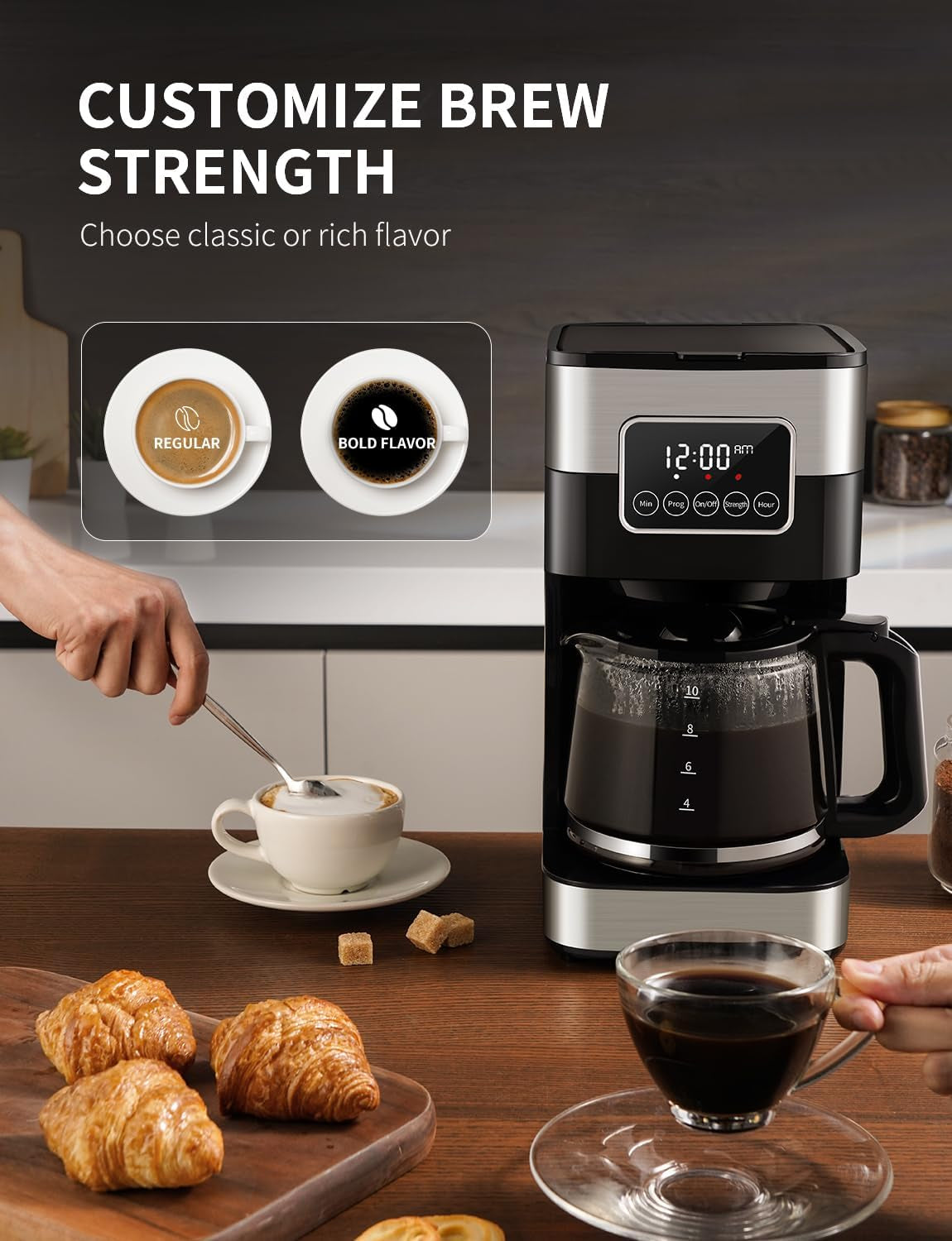10-Cup Programmable Coffee Maker, Regular & Strong Brew Drip Coffee Machine for Home and Office, Auto Shut Off, Permanent Filter, Silver