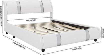 Modern Faux Leather Upholstered Platform Bed Frame with Mirror Metal Decoration Headboard, Curved Headboard, Wooden Slats Support, No Box Spring Needed, Queen Size, White