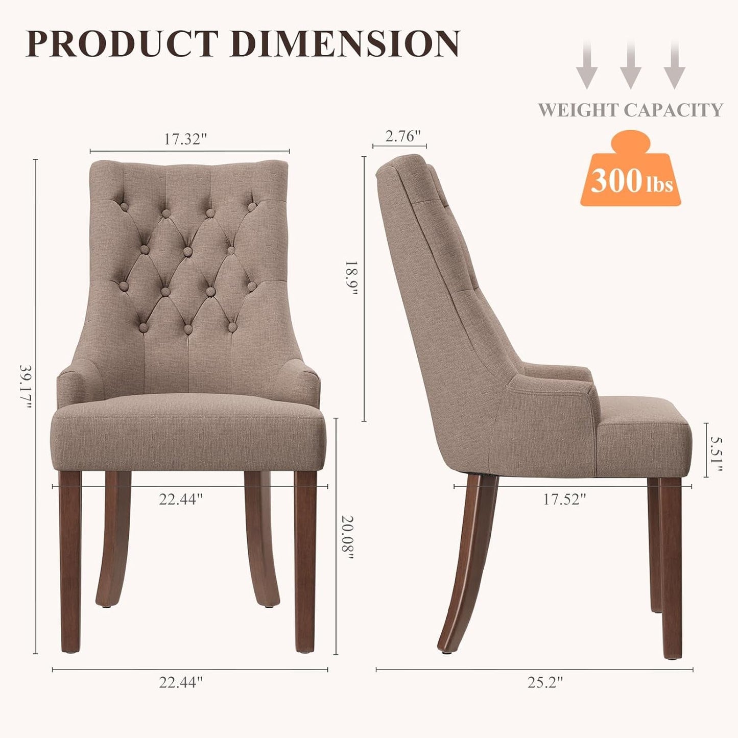 Wingback Upholstered Side Dining Room Chairs Set of 2, Fabric Dining Chairs with Tufted Button, Living Room Chairs for Home Kitchen, Taupe