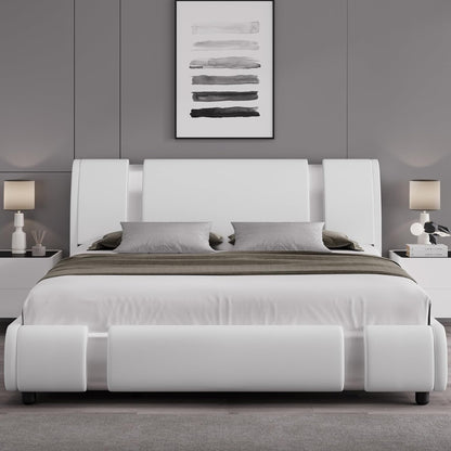 Modern Faux Leather Upholstered Platform Bed Frame with Mirror Metal Decoration Headboard, Curved Headboard, Wooden Slats Support, No Box Spring Needed, Queen Size, White