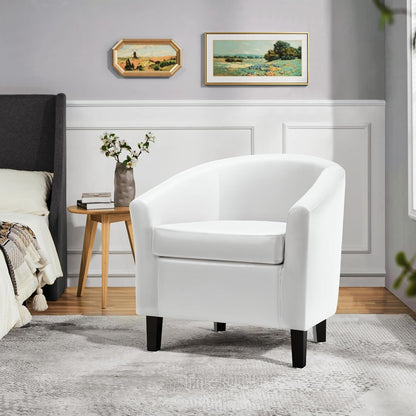 White Leather Chair, Faux Leather Accent Chair, Modern Barrel Chair Comfy Club Chair with Soft Padded and Solid Legs for Living Room Bedroom Reception Room, White