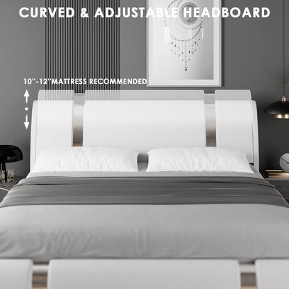 Modern Faux Leather Upholstered Platform Bed Frame with Iron Metal Decor, Adjustable Curved Headboard, Wooden Slats Support, No Box Spring Needed, Queen Size, White