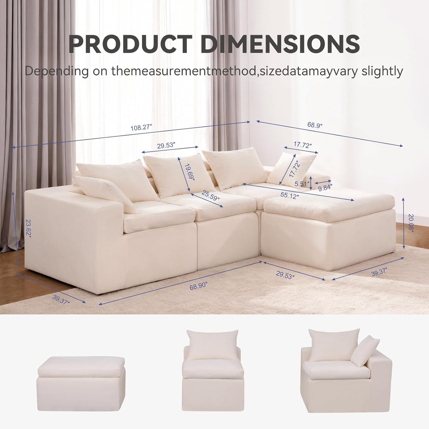108 Inch Cloud Sectional Couch, Modular Sectional Sofa with Deep Seat, Convertible L-Shape Couch with Ottoman, 3 Seater Cloud Couches for Living Room, No Assembly Required（Warm White）
