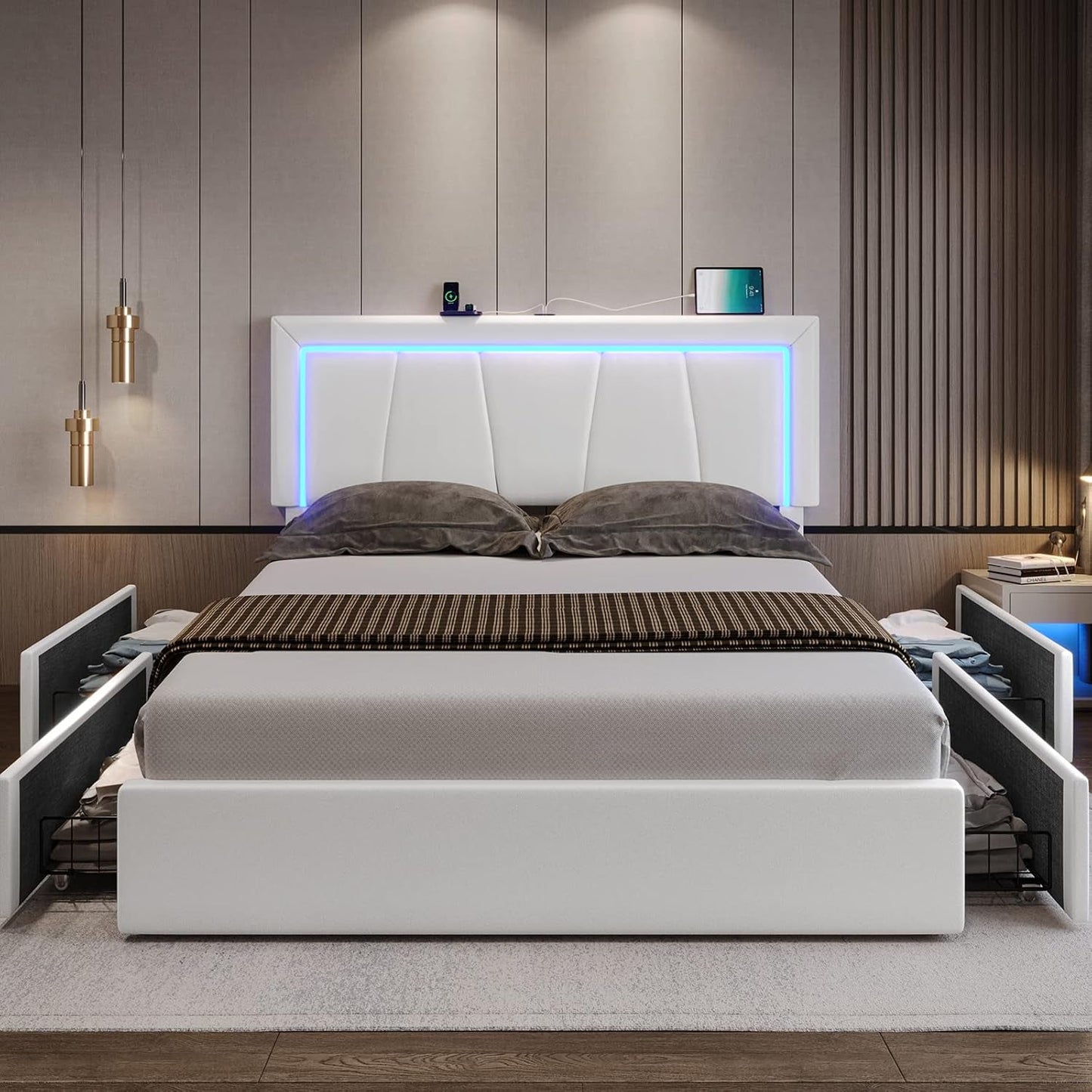 Queen Bed Frame with 4 Storage Drawers and LED Lights, Faux Leather Upholstered Platform Bed Frame Queen Size with USB Ports & Adjustable LED Headboard, No Box Spring Needed, Noise Free, White