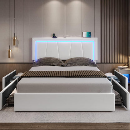 Queen Bed Frame with 4 Storage Drawers and LED Lights, Faux Leather Upholstered Platform Bed Frame Queen Size with USB Ports & Adjustable LED Headboard, No Box Spring Needed, Noise Free, White