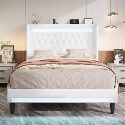 Upholstered Full Size Platform Bed Frame with LED Light and Charging Station, Button Tufted High Headboard, Wingback Design, Noise Free, Easy Assembly, No Box Spring Needed, White