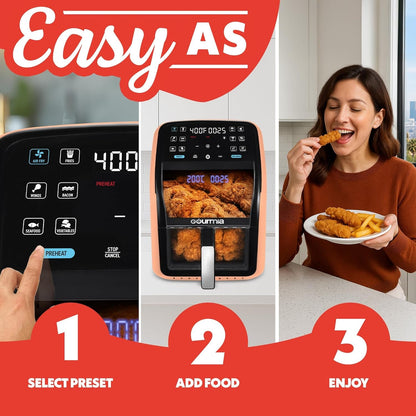 Air Fryer 7 QT - Easy View Panoramic Window & Interior Light, Guided Cooking with 12 One-Touch Presets, Fryforce 360, Dishwasher Safe Accessories, Peach