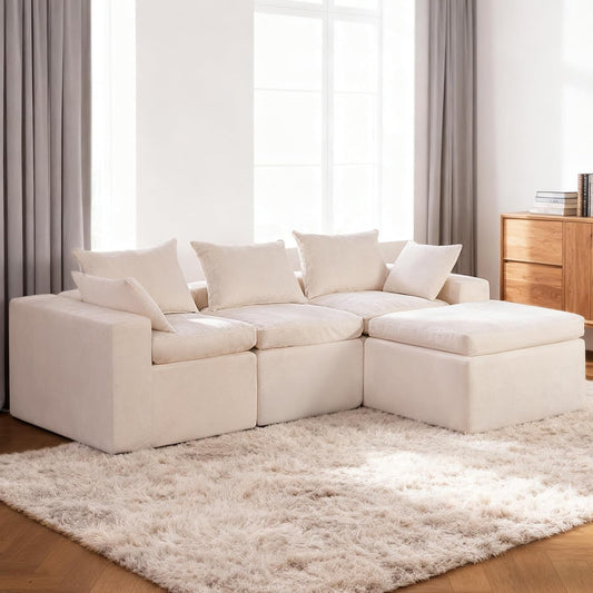 108 Inch Cloud Sectional Couch, Modular Sectional Sofa with Deep Seat, Convertible L-Shape Couch with Ottoman, 3 Seater Cloud Couches for Living Room, No Assembly Required（Warm White）