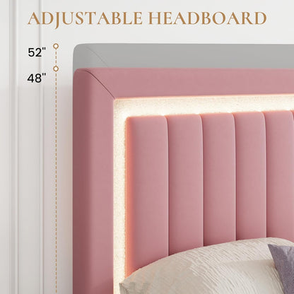 Queen Size Velvet Bed Frame with LED Light, Adjustable Vertical Channel Tufted Headboard, Strong Wooden Slats Support, Noise-Free, No Box Spring Needed, Pink