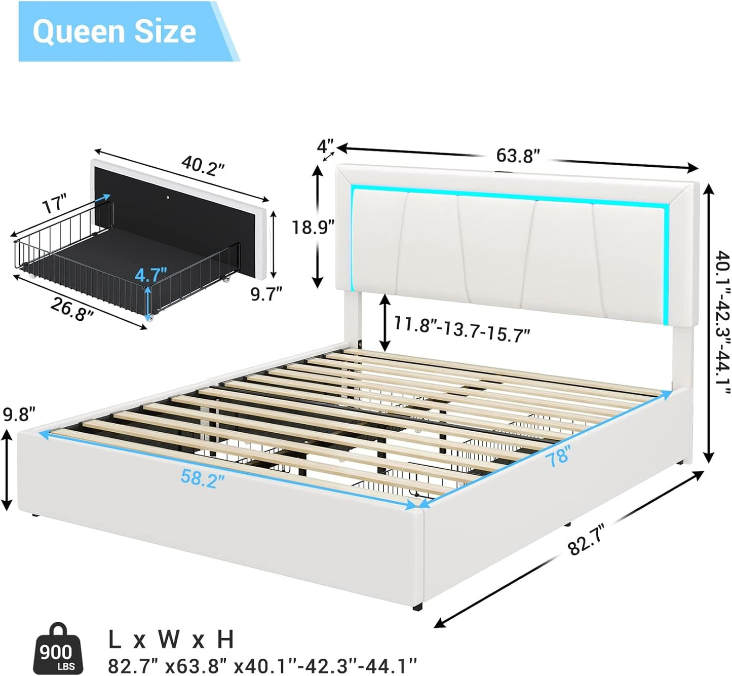 Queen Bed Frame with 4 Storage Drawers and LED Lights, Faux Leather Upholstered Platform Bed Frame Queen Size with USB Ports & Adjustable LED Headboard, No Box Spring Needed, Noise Free, White