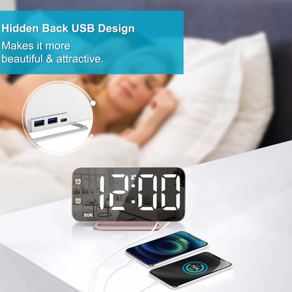 Home Deccor - Slim LED Digital Alarm Clock, Mirror Surface for Makeup, with Diming, Large Display, Easy Setting, USB Ports, Modern Decor for Bedroom, Desk, Christmas, Birthday Idea Gift for Women, Sister, Mom, Pink