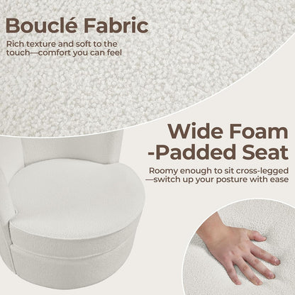 Swivel Barrel Accent Chair, 360 Degree Swivel round Chairs with Removable Throw Pillow, Soft Boucle Single Arm Sofa for Living Room Bedroom Reading, White