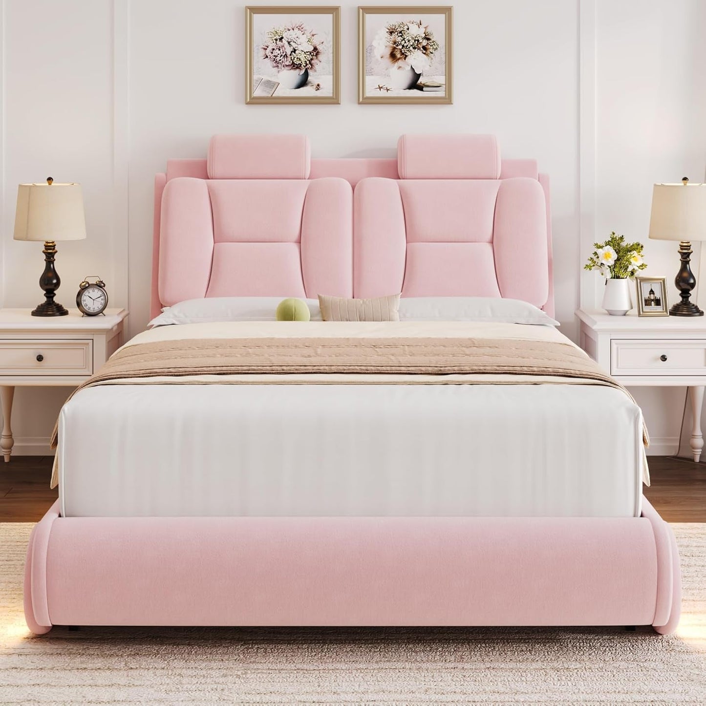 Queen Led Car Bed Frame with Wheels Decor & Adjustable Curved Headboard Modern Upholstered Platform Bed with Detachable Pillows Solid Wooden Slats Support No Box Spring Needed, Velvet Pink