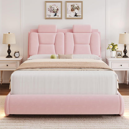 Queen Led Car Bed Frame with Wheels Decor & Adjustable Curved Headboard Modern Upholstered Platform Bed with Detachable Pillows Solid Wooden Slats Support No Box Spring Needed, Velvet Pink