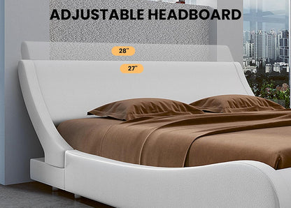 Modern Low Profile Platform Bed Frame Queen Size, Stylish Faux Leather Upholstered Sleigh Bed with Adjustable Headboard, No Box Spring Needed, White