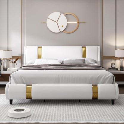 Modern Faux Leather Upholstered Platform Bed Frame with Golden Iron Metal Decor, Adjustable Curved Headboard, Wooden Slats Support, No Box Spring Needed, Queen Size, White