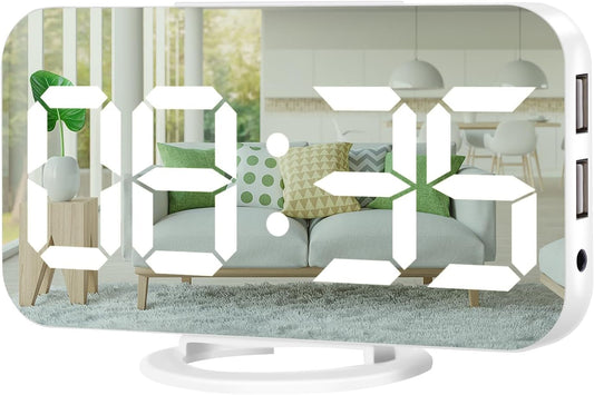 Home Decor - Digital Alarm Clock,Large Display LED and Mirror Desk Clock with Dual USB Charger Ports, 3 Levels Brightness,12/24H Alarm Clocks, Modern Electronic Clock for Bedroom Living Room Office - White