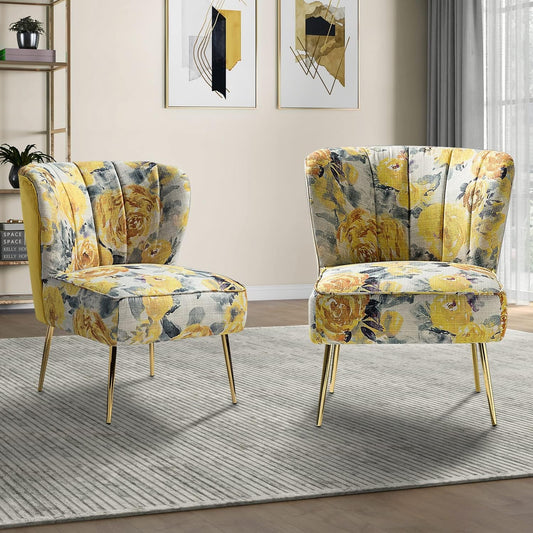 Accent Chair Set of 2 with Golden Legs, Comfy Floral Fabric Living Room Chair, Wingback Small Armless Side Chair, Upholstered Slipper Chair for Bedroom, Reading Room (Flower Print, YELLOW)