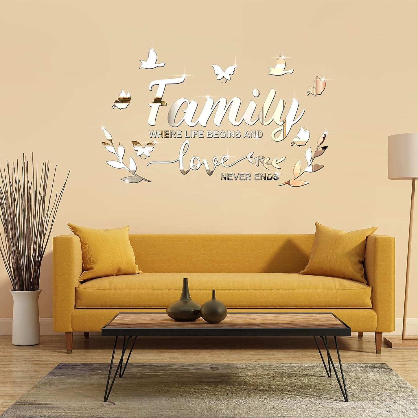 Mirror Family Wall Letter Quotes Decor 3D Acrylic Wall Decal Stickers DIY Removable Art Decals Motivational Butterfly Mural Stickers for Home Decor(Silver)