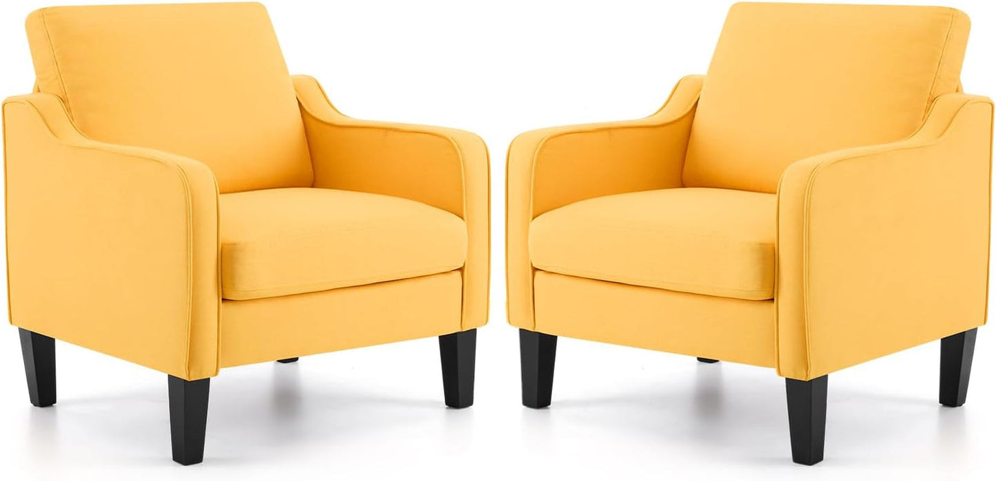 Accent Chairs Set of 2 Yellow Upholstered Linen Accent Chair for Living Room, Bedroom, Mid-Century Modern Arm Chair Comfy Reading Chair with Scooped Arms