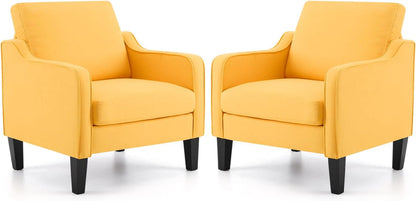 Accent Chairs Set of 2 Yellow Upholstered Linen Accent Chair for Living Room, Bedroom, Mid-Century Modern Arm Chair Comfy Reading Chair with Scooped Arms