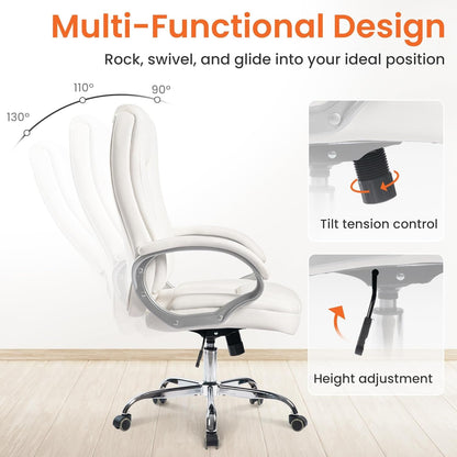 Office Desk Ergonomic Gaming Chair High Back Adjustable Computer Chair with Wheels and Lumbar Support Comfy Leather Executive Swivel (White)