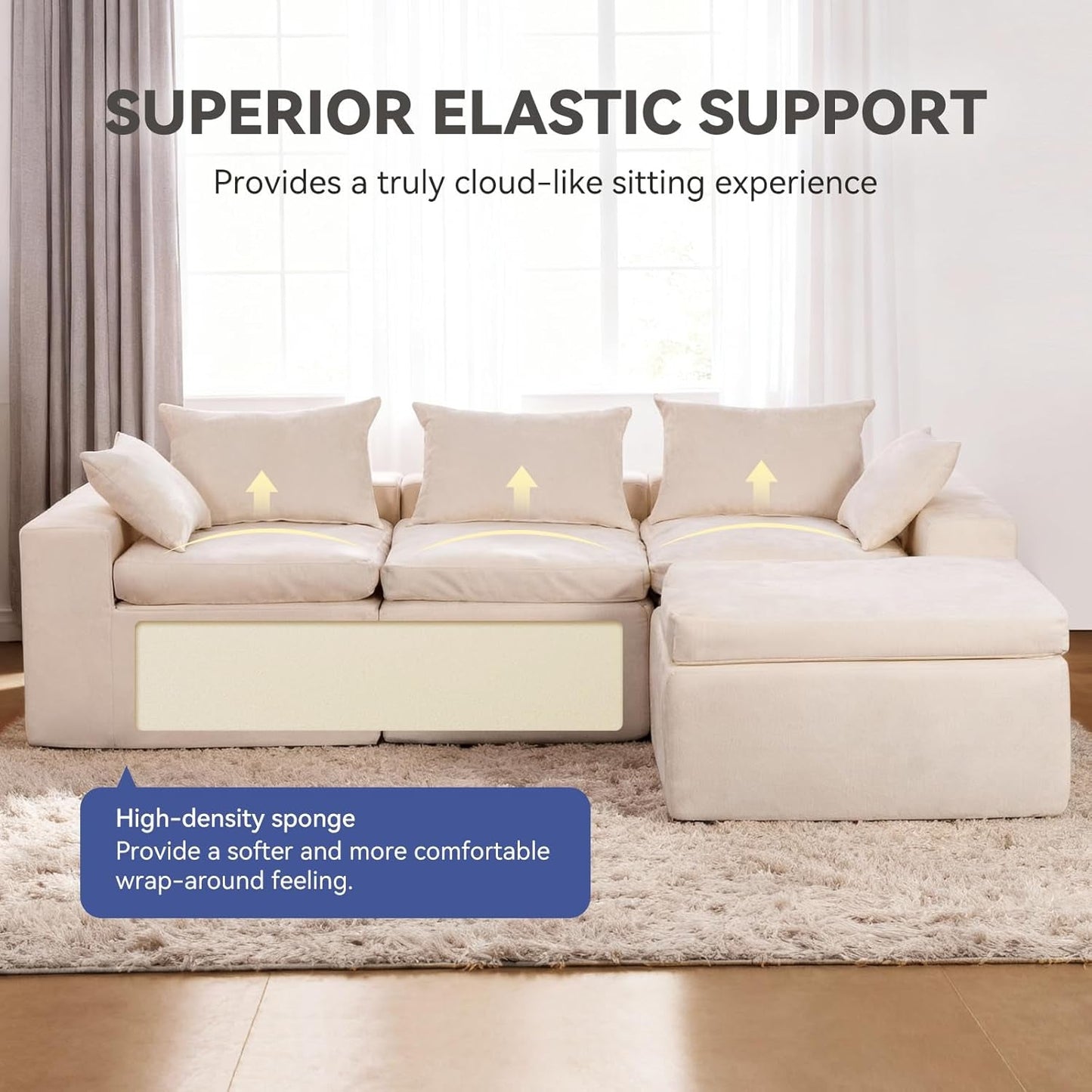 108 Inch Cloud Sectional Couch, Modular Sectional Sofa with Deep Seat, Convertible L-Shape Couch with Ottoman, 3 Seater Cloud Couches for Living Room, No Assembly Required（Warm White）
