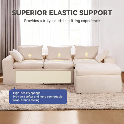 108 Inch Cloud Sectional Couch, Modular Sectional Sofa with Deep Seat, Convertible L-Shape Couch with Ottoman, 3 Seater Cloud Couches for Living Room, No Assembly Required（Warm White）