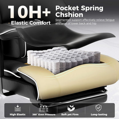 Big and Tall Office Chair 400Lbs High Back Gaming Chair with Ergonomic Lumbar Support & Pocket Spring Cushion for Lower Back Pain Relief, Leather Executive Chair with Foot Rest, White/Black