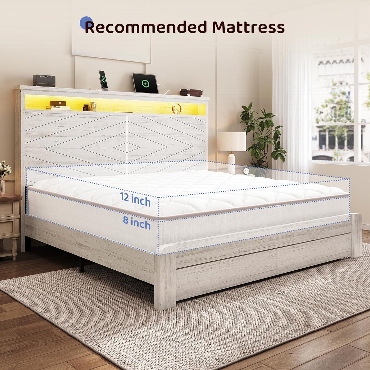 Queen Size Bed Frame with 2 Storage Drawers and Headboard Wooden Platform Bed Frame with LED Lights and Charging Station Easy Assembly/No Box Spring Needed/White