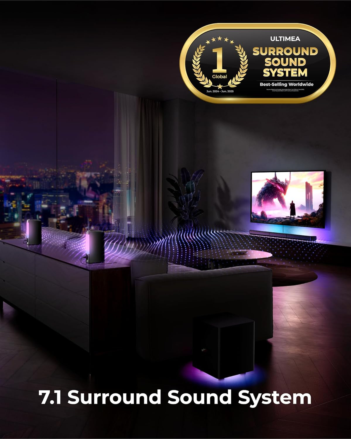 7.1Ch Virtual Surround Sound Bar, Sound Bar for Smart TV with 2 Surround Speakers, Surround Sound System for TV with RGB, 6.5" Subwoofer, Peak Power 410W, App, HDMI/OPT/AUX/BT Apollo S70 Ultra