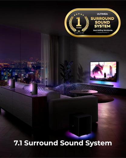 7.1Ch Virtual Surround Sound Bar, Sound Bar for Smart TV with 2 Surround Speakers, Surround Sound System for TV with RGB, 6.5" Subwoofer, Peak Power 410W, App, HDMI/OPT/AUX/BT Apollo S70 Ultra