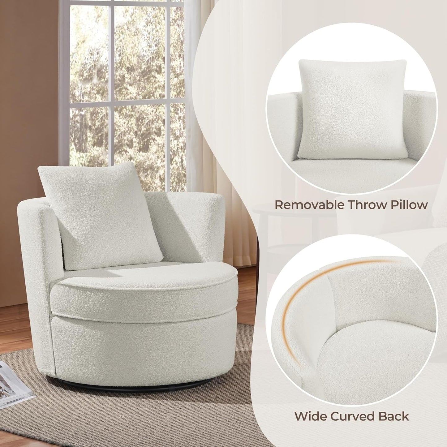 Swivel Barrel Accent Chair, 360 Degree Swivel round Chairs with Removable Throw Pillow, Soft Boucle Single Arm Sofa for Living Room Bedroom Reading, White