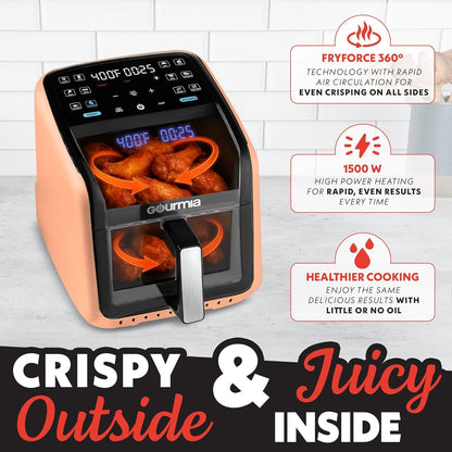 Air Fryer 7 QT - Easy View Panoramic Window & Interior Light, Guided Cooking with 12 One-Touch Presets, Fryforce 360, Dishwasher Safe Accessories, Peach